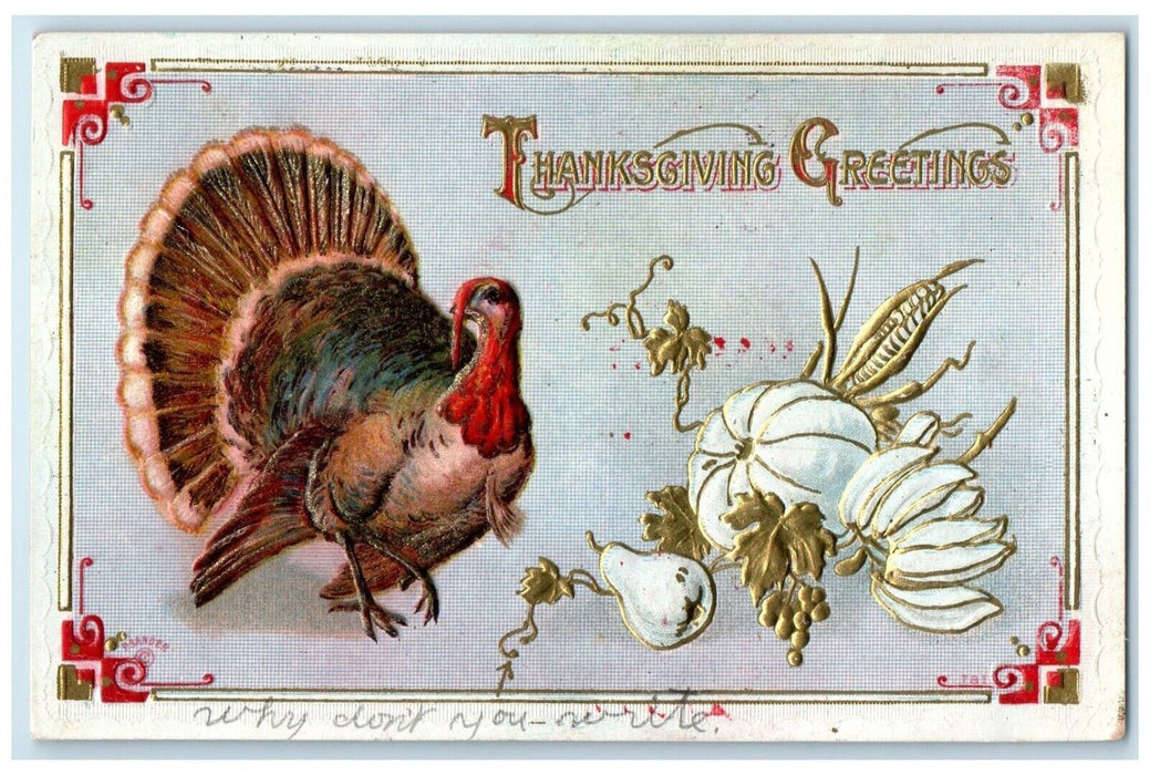 1912 Thanksgiving Greetings Turkey And Veggies Embossed Morley MI Postcard