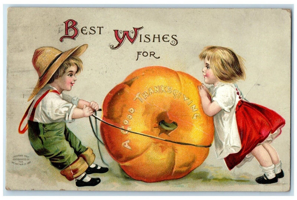 1908 Thanksgiving Children Pulling Giant Pumpkin Clapsaddle Embossed Postcard