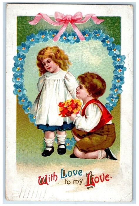 1911 Valentine Little Sweetheart Bended Knee Flowers Heart Ludington MI Postcard