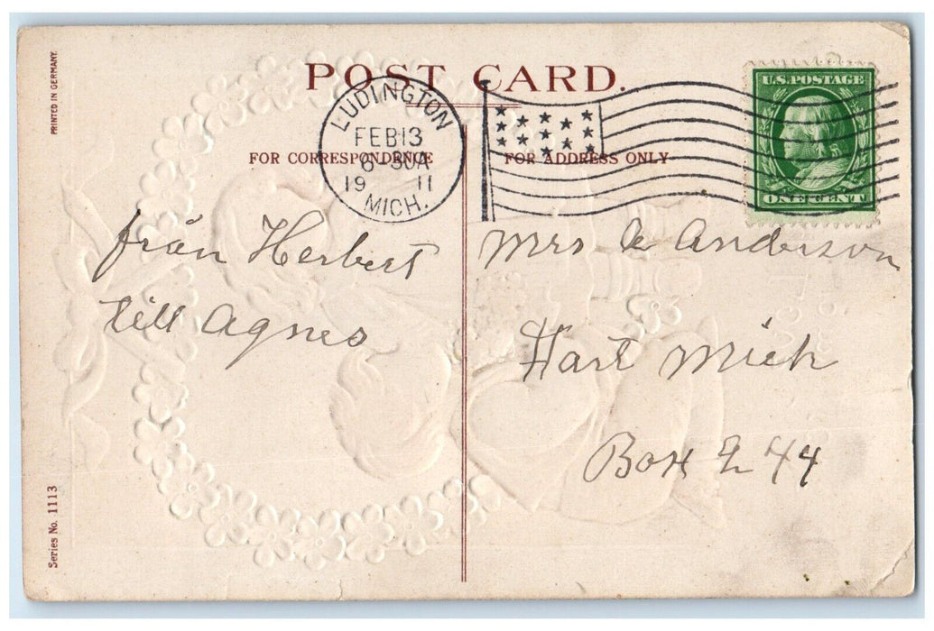 1911 Valentine Little Sweetheart Bended Knee Flowers Heart Ludington MI Postcard
