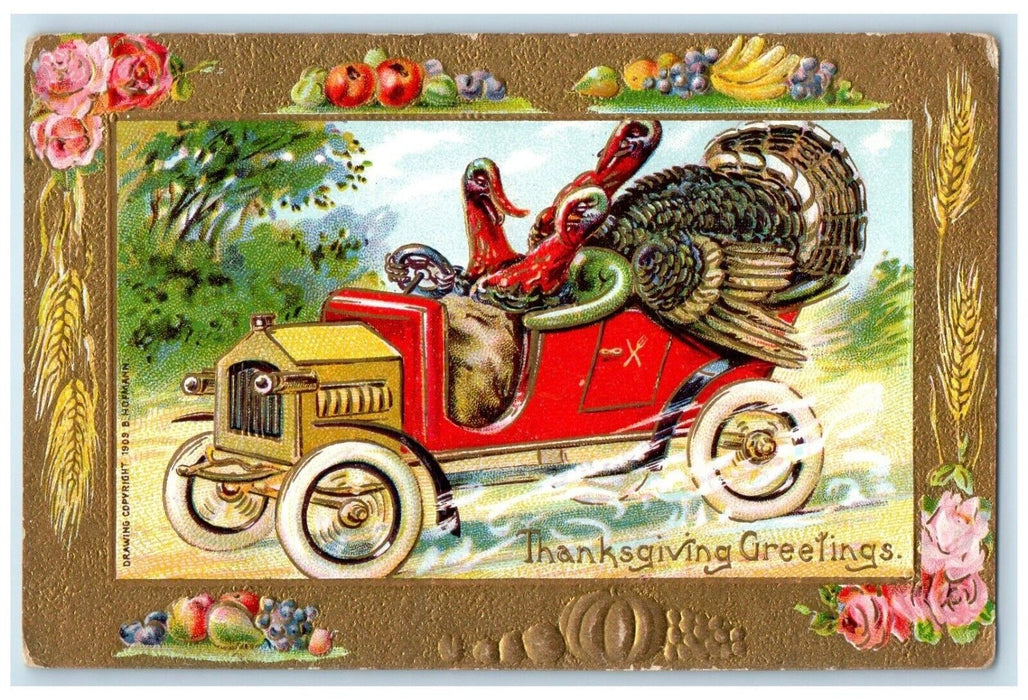 Thanksgiving Greetings Anthropomorphic Turkey Driving Car Flowers Postcard