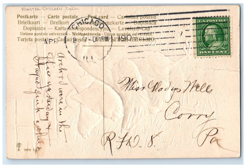 1909 Rooster Chicken Hen Cock Embossed Chicago Illinois IL Antique Postcard