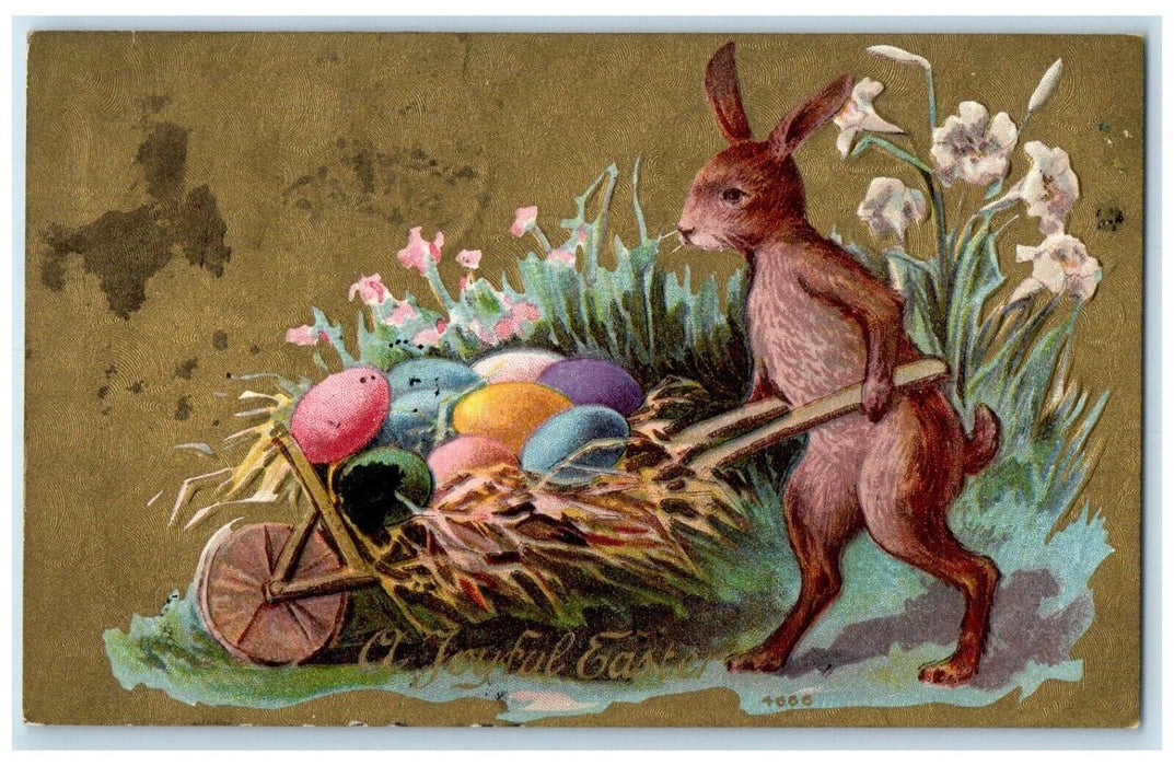 1910 Easter Anthropomorphic Rabbit Pulling Cart With Eggs Lily Flowers Postcard