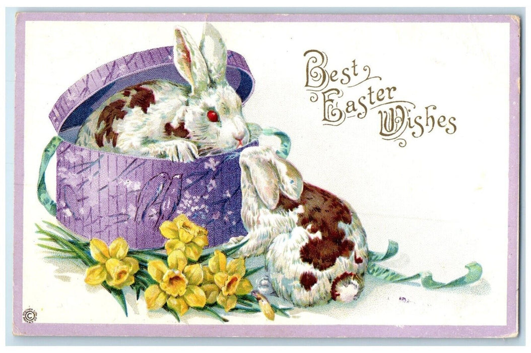 c1910's Easter Wishes Rabbits In Box Flowers Embossed Harford NY Posted Postcard