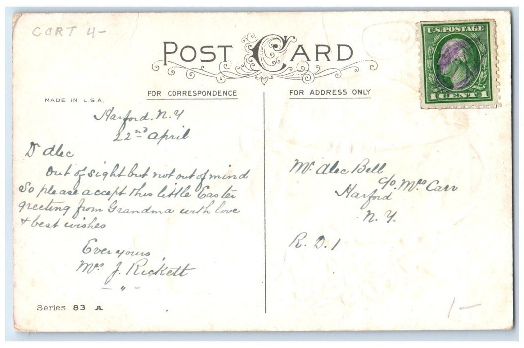 c1910's Easter Wishes Rabbits In Box Flowers Embossed Harford NY Posted Postcard