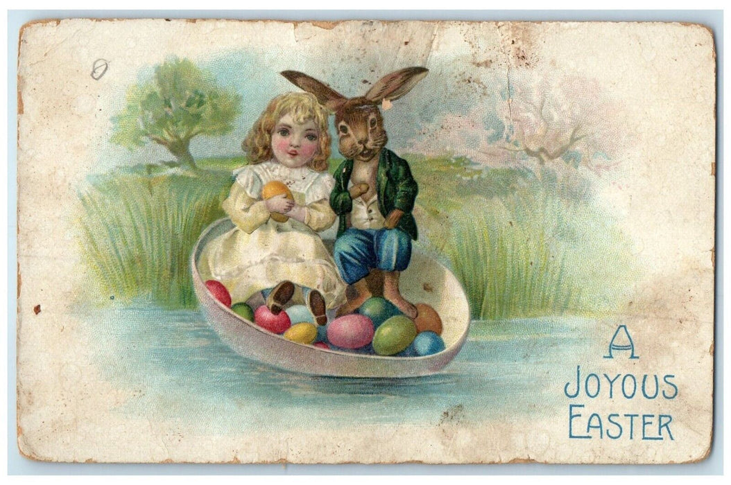 c1910s Easter Anthropomorphic Rabbit And Little Girl With Eggs Embossed Postcard