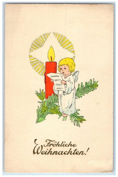 1935 Christmas Little Angel Carol Candle Light Pine Leaf Embossed Postcard