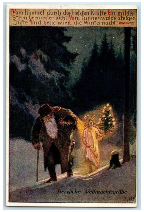 Christmas Santa Claus Angel Holding Christmas Tree Germany Vintage Postcard