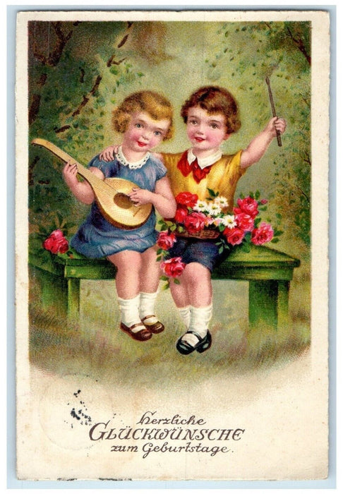 1910 Children Playing Banjo Roses Flowers Bremen Germany Antique  Postcard