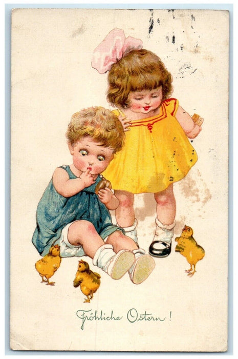 1915 Easter Little Cute Children Chicks Hamburg Germany Posted Antique Postcard