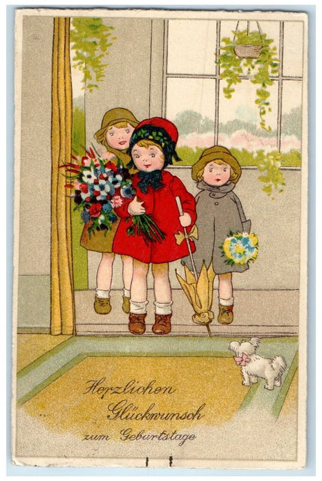1920 Birthday Girls With Flowers Dog Bremen Germany Posted Vintage Postcard