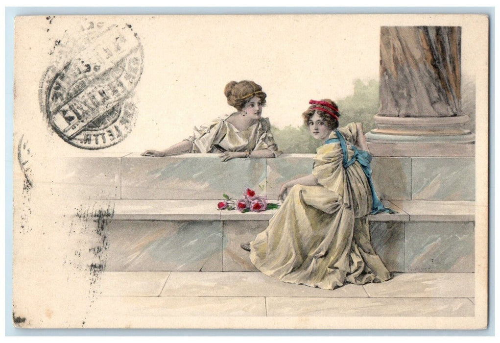 1906 Pretty Girls Curly Hair With Roses Flowers Switzerland Antique Postcard