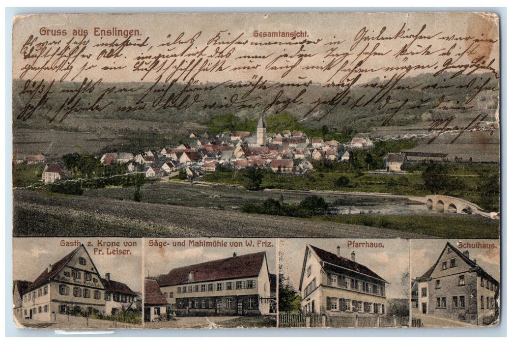 1909 Greetings from Enslingen Bird's Eye View Germany Multiview Postcard