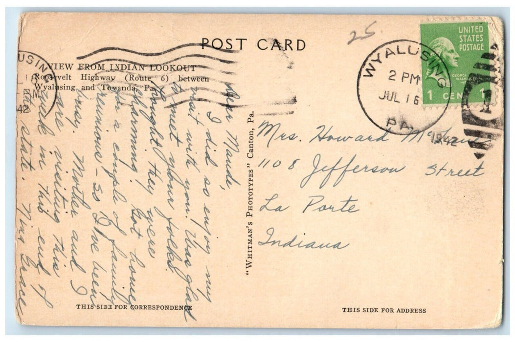 1942 View From Indian Lookout Roosevelt Highway Wyalusing Towanda PA Postcard