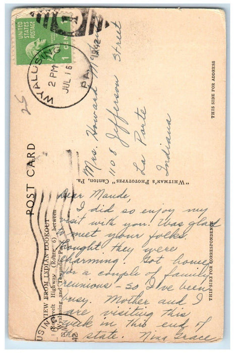 1942 View From Indian Lookout Roosevelt Highway Wyalusing Towanda PA Postcard