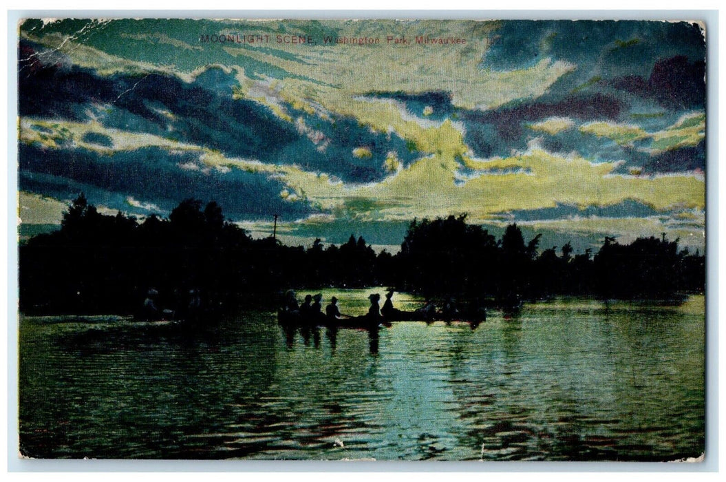 1909 Moonlight Scene Washington Park Canoeing Milwaukee Wisconsin WI Postcard