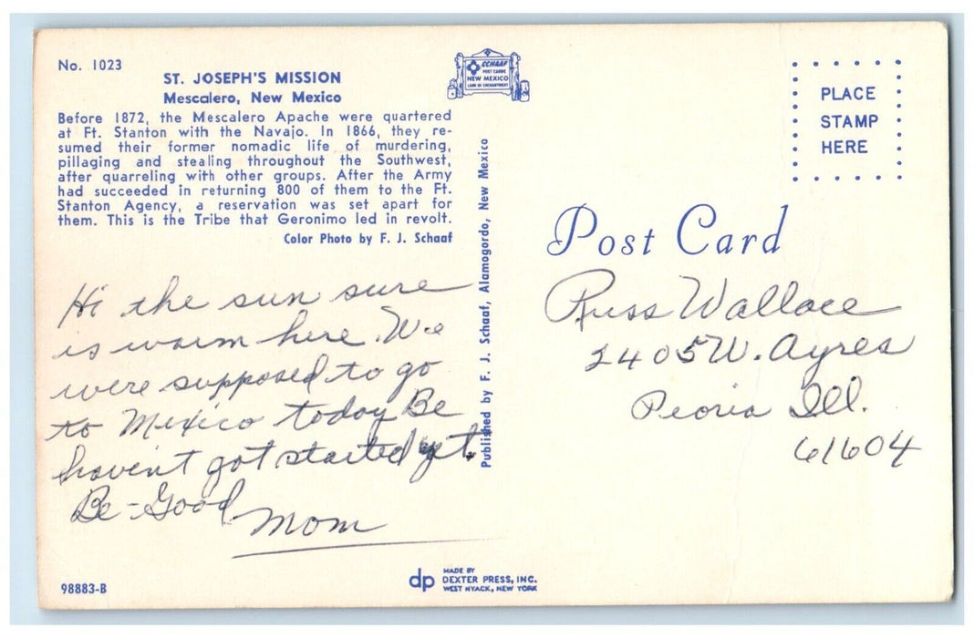 c1950's St. Joseph's Mission Mescalero New Mexico NM Posted Vintage Postcard