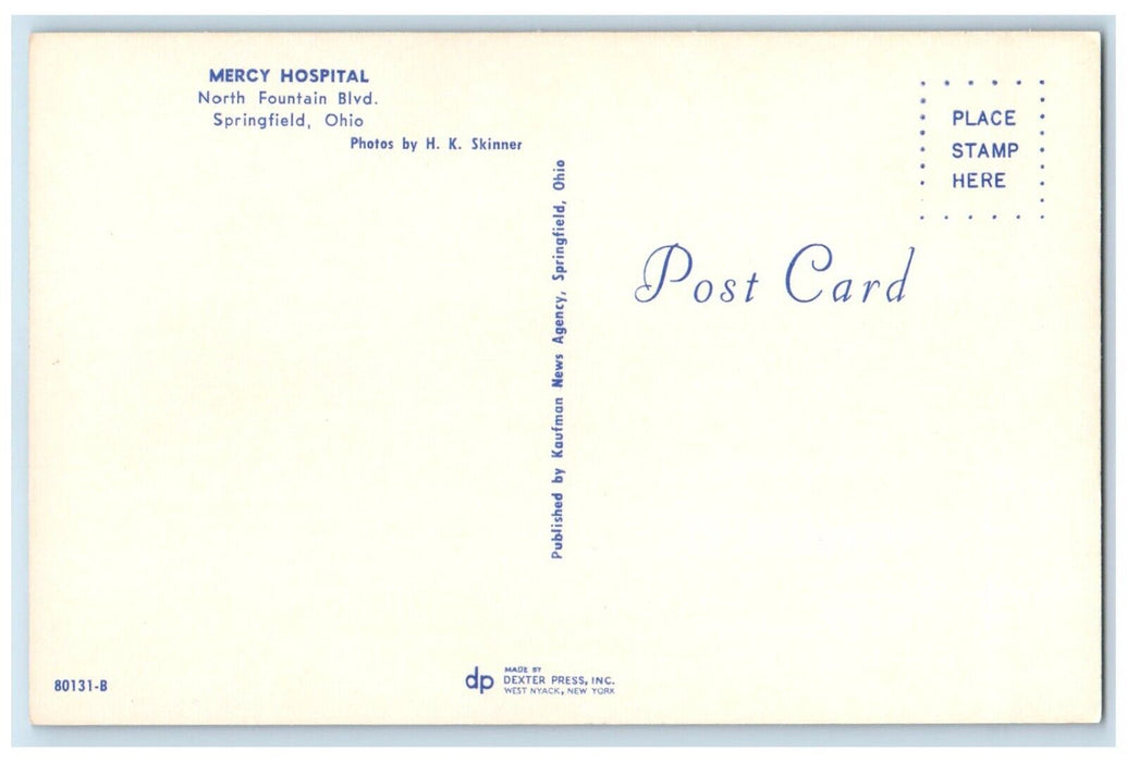 c1950's Mercy Hospital North Fountain Blvd. Cars Springfield Ohio OH Postcard