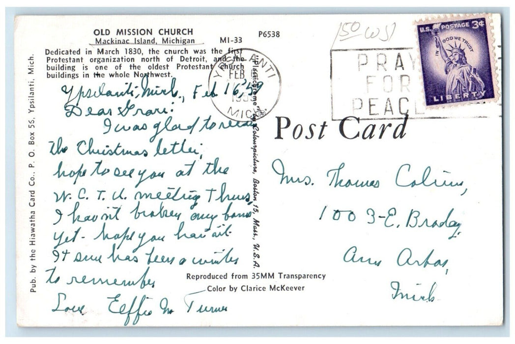 1959 Old Mission Church Mackinac Island Ypsilanti Michigan MI Vintage Postcard