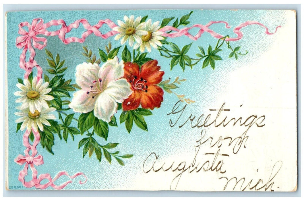 Greetings From Augusta Michigan MI, Daisy Flowers Embossed Antique Postcard