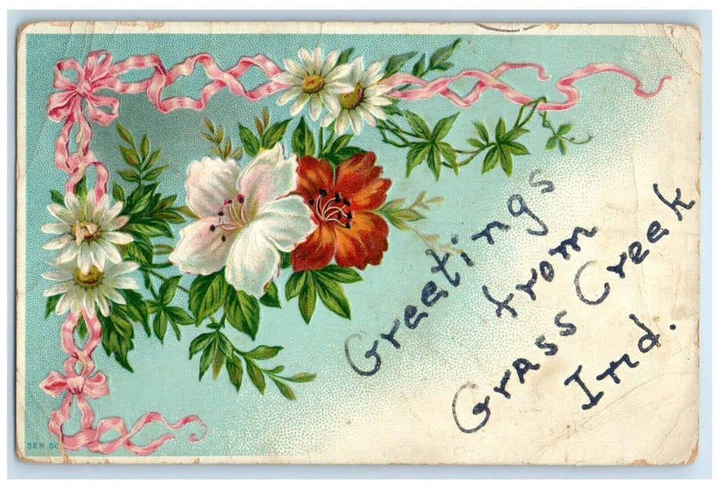 1909 Greetings From Grass Creek Indiana IN, Flowers Embossed Antique Postcard