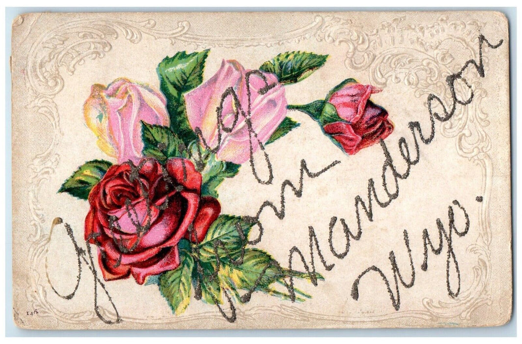 c1910's Greetings From Manderson Wyoming WY, Flowers Embossed Glitter Postcard