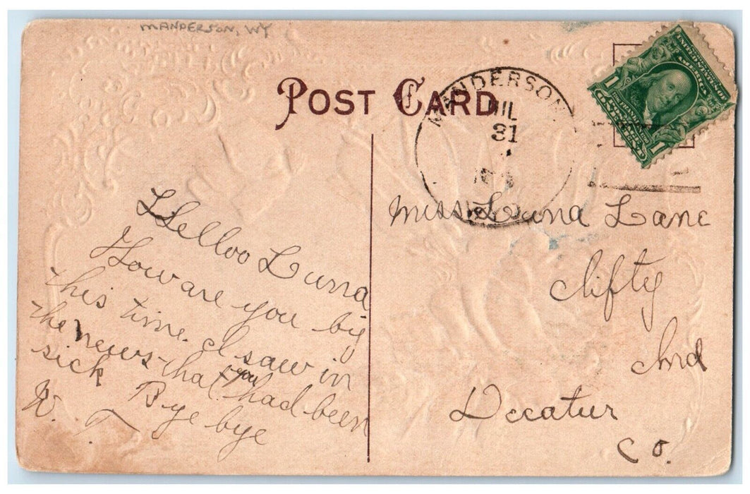 c1910's Greetings From Manderson Wyoming WY, Flowers Embossed Glitter Postcard