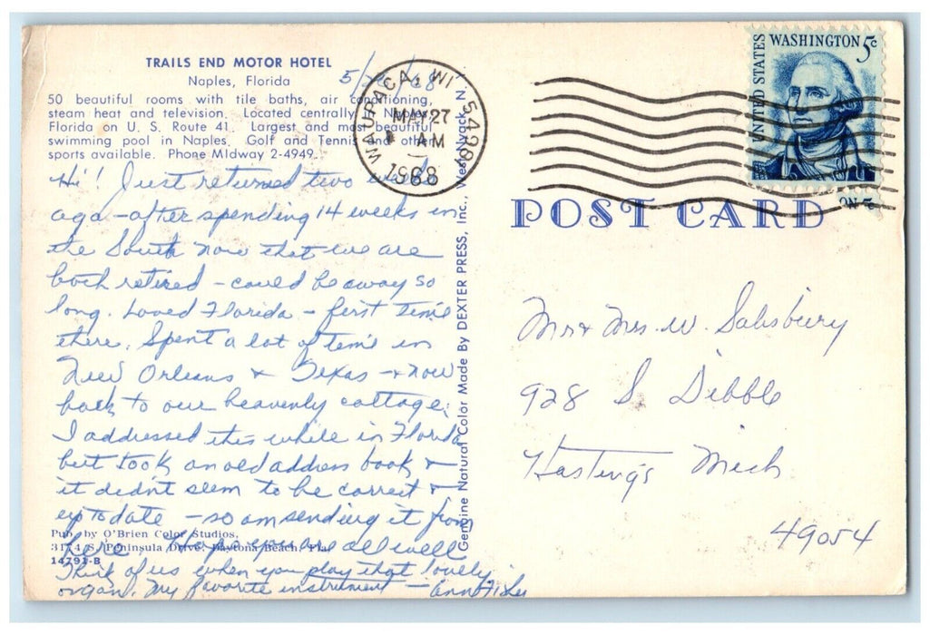 1968 Trails End Motor Hotel Naples Florida FL, Multiview Waupaca WI Postcard