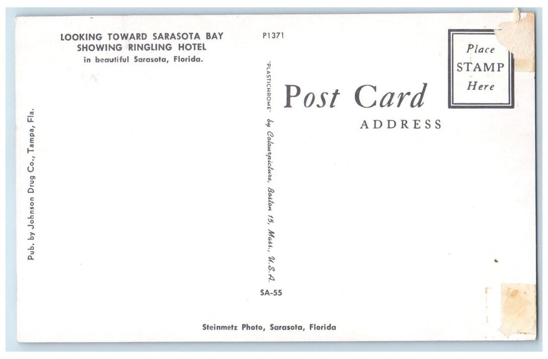 Looking Toward Sarasota Bay Showing Ringling Hotel Sarasota Florida FL Postcard