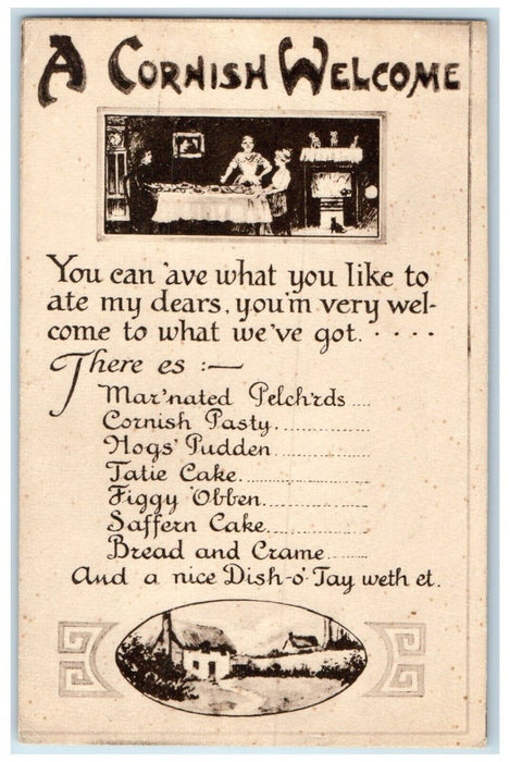 c1910's A Cornish Welcome Menu Restaurant Dining Room Posted Antique Postcard