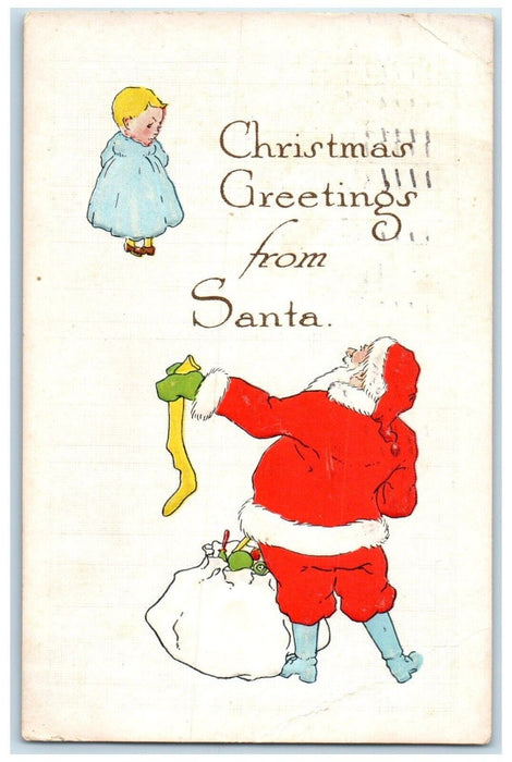 Christmas Greetings From Santa Claus Holding Stocking Sack Of Toys Postcard