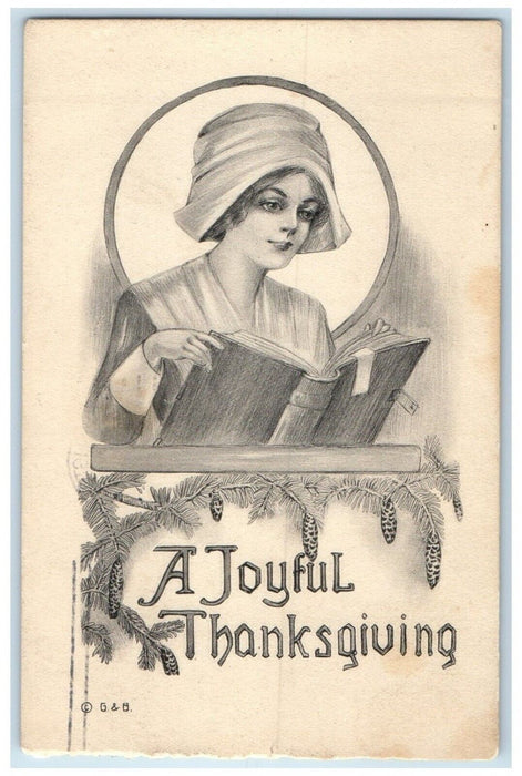 1912 Thanksgiving Pretty Woman Reading Book Pine Cone Washington DC Postcard