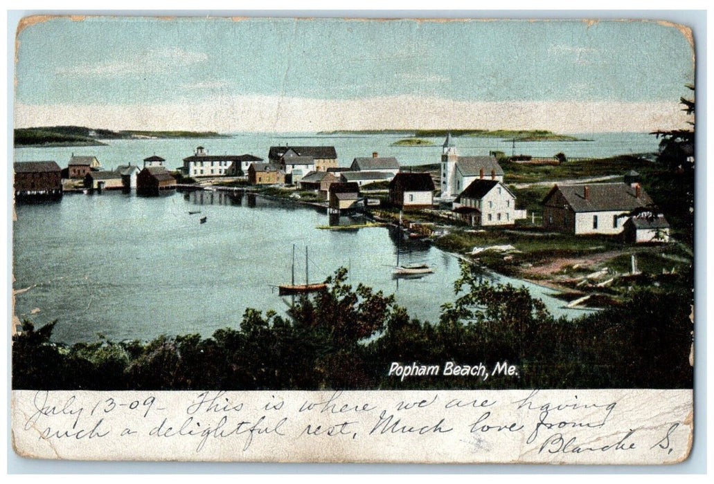 1909 Aerial View Lake Sailing Boat Houses Popham Beach Maine ME Antique Postcard