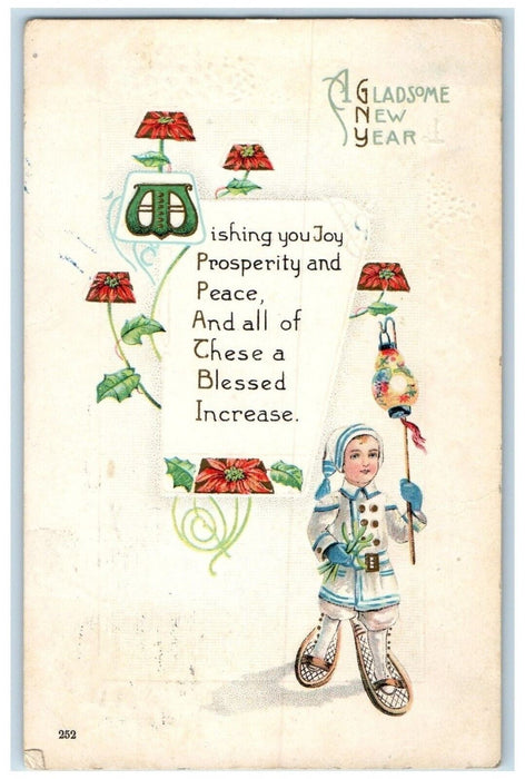 1914 New Year Message Boy Snow Shoes Holding Lantern Embossed Antique Postcard