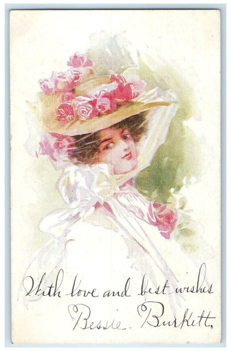 1907 Pretty Woman Big Hat Flowers Higginsville West Virginia WV Antique Postcard