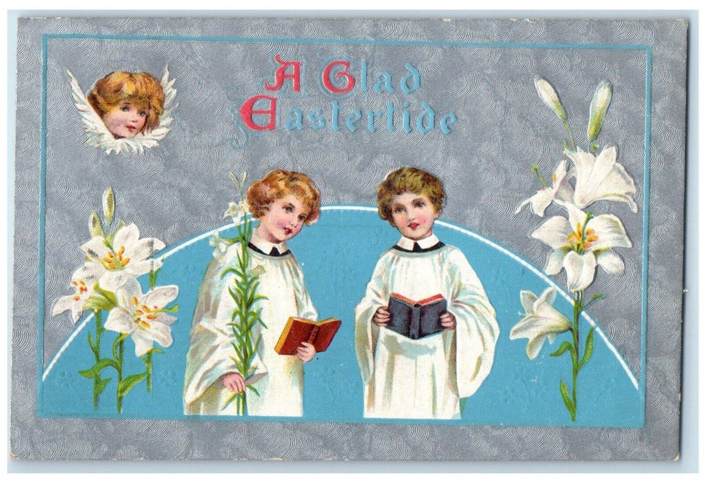 1910 Easter Boys White Lilies Flowers Angel Embossed South Branch WV Postcard
