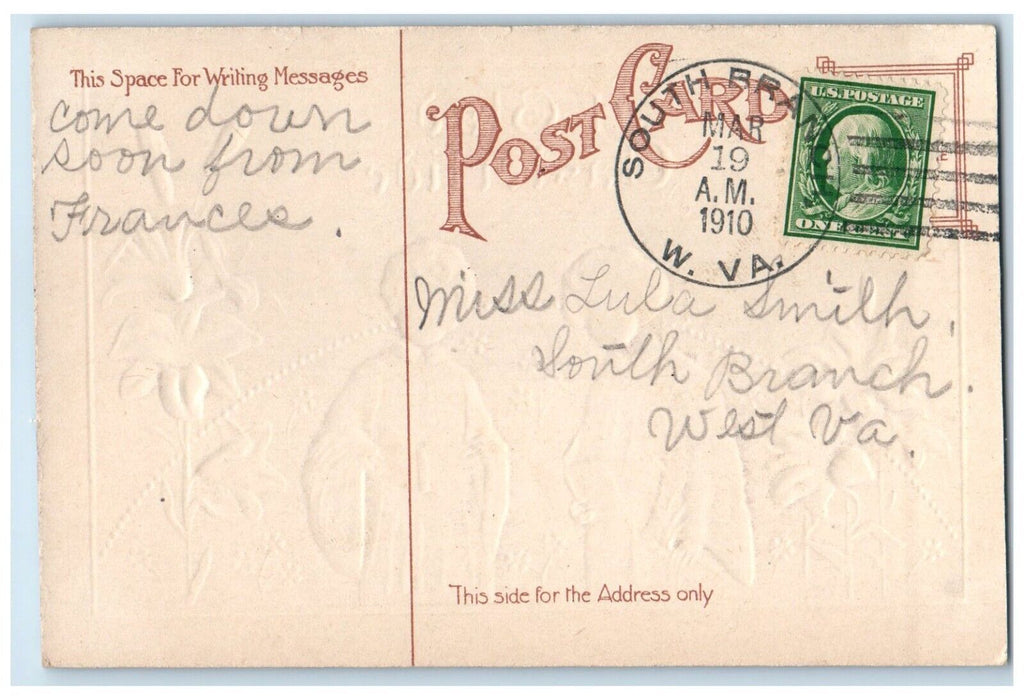 1910 Easter Boys White Lilies Flowers Angel Embossed South Branch WV Postcard