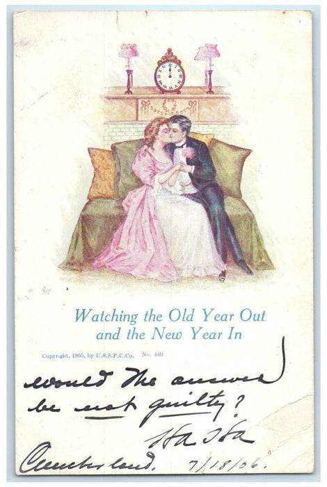 1906 New Year Sweet Couple Kissing Romance Sat On Sofa Clock Antique Postcard