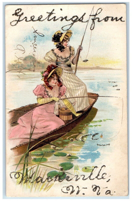 1906 Greetings From Woman Fishing Canoe Boat Macksville West Virginia Postcard