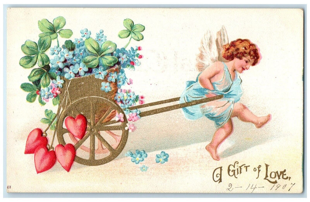 Valentine Cupid Angel Pulling Cart With Flowers Shamrock Clapsaddle Postcard