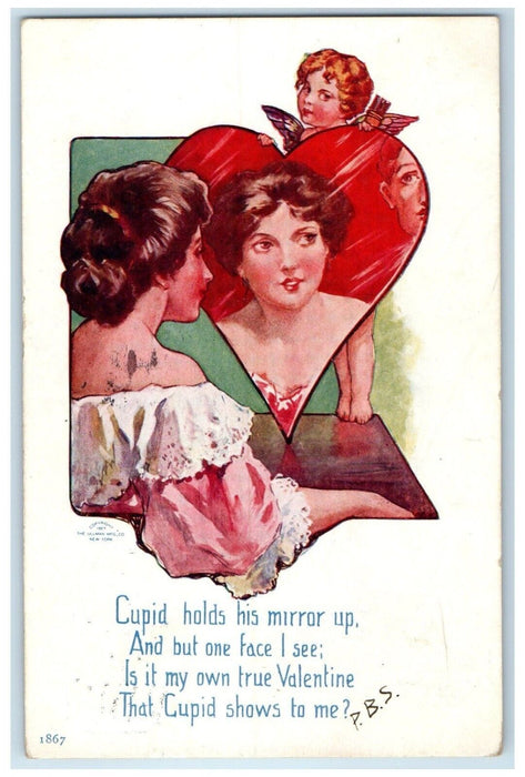 Valentine Cupid Angel Pretty Woman Heart Mirror Washington DC Antique Postcard
