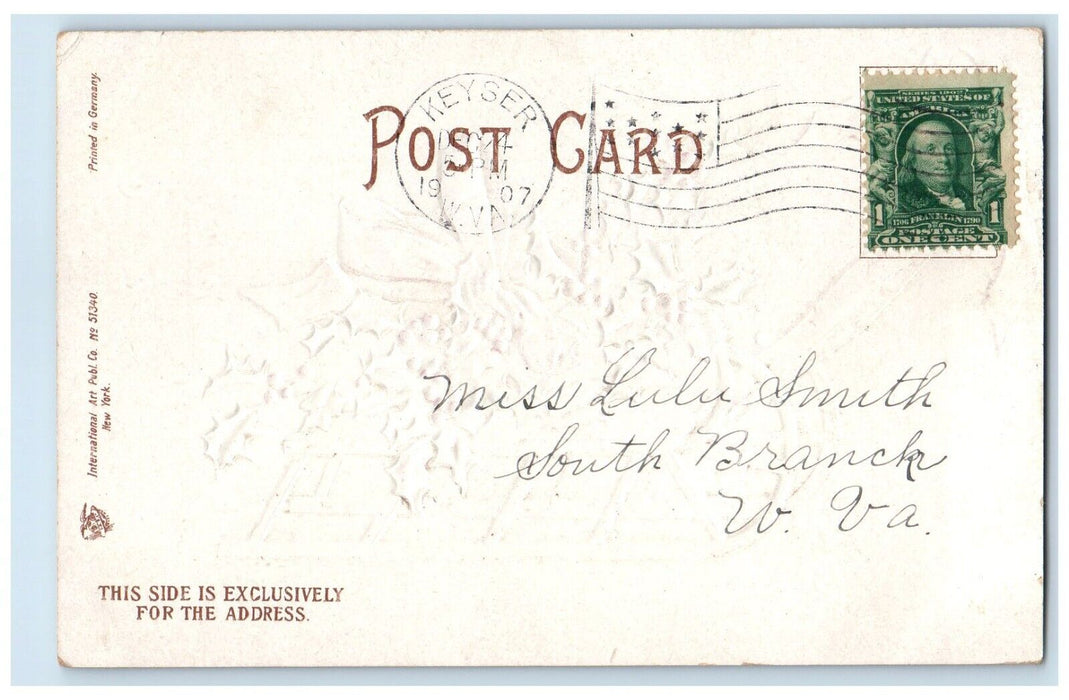 1907 Merry Christmas Holly Berries Ribbon Ellen Clapsaddle Embossed Postcard