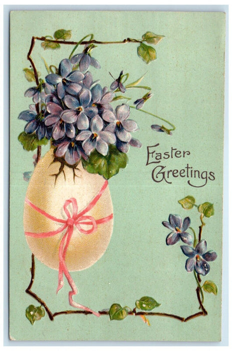 c1910's Easter Greetings Pansies Flowers In Hatched Egg Embossed Posted Postcard