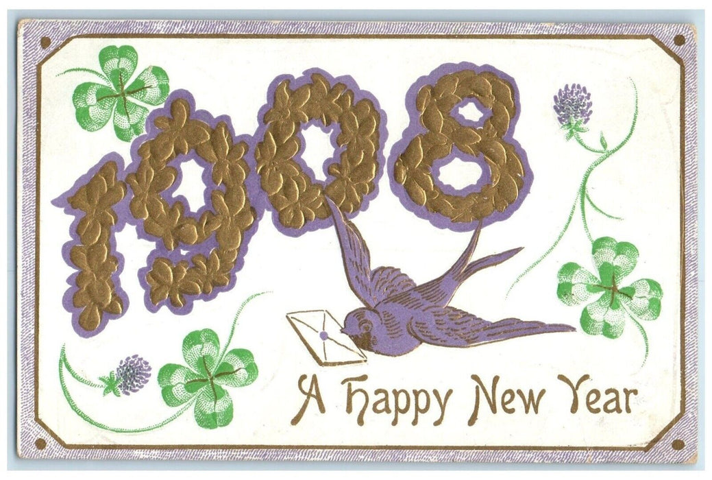 1908 New Year Dove Letter Large Numbers Shamrock Embossed Lenox WV Postcard