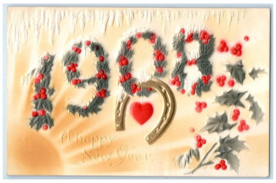 1908 Happy New Year Holly Berries Horseshoe Heart Airbrushed Embossed Postcard