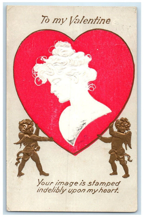 1907 Valentine Cupid Angel Big Heart Pretty Woman Embossed Antique Postcard