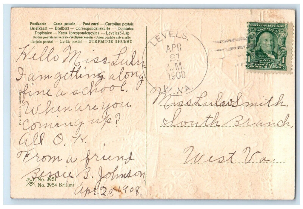 1908 Couple Romance Man Cigarette Embossed Levels West Virginia WV Postcard