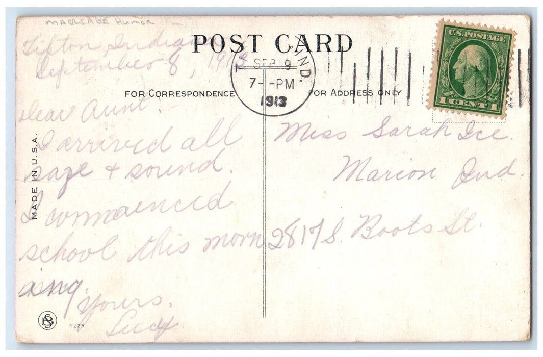 1913 Fat Man Cigarette Smoke Marriage Humor Marion Indiana IN Antique Postcard
