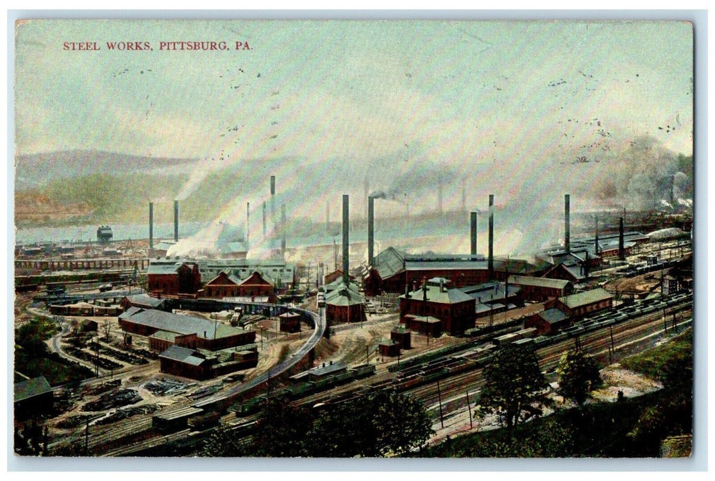 1909 Steel Works Factory Exterior Building Train Pittsburg Pennsylvania Postcard
