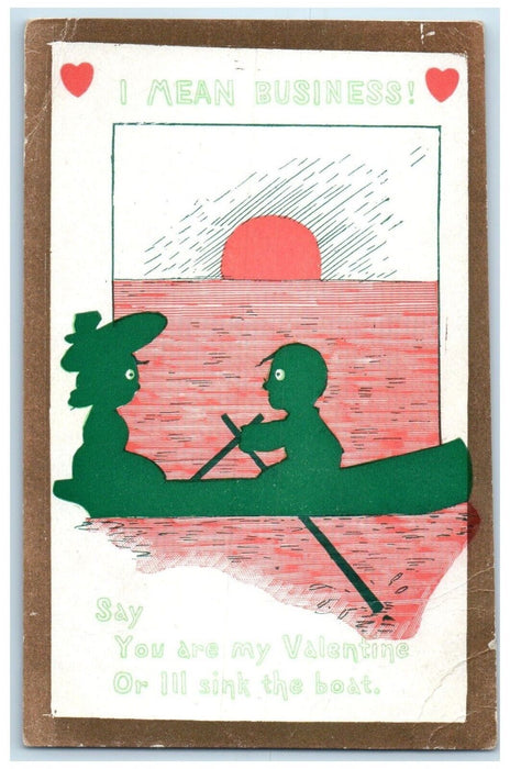 c1910's Valentine Couple Romance Canoeing Boat Heart Posted Antique Postcard